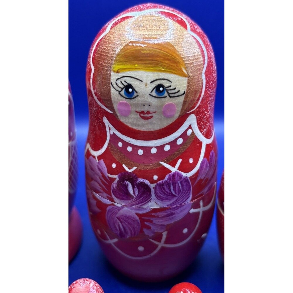 Hand Painted Wooden Russian Matryoshka Nesting Dolls Pink Floral 6pc Set Read - Picture 3 of 9